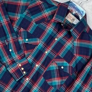 VTG 70s 80s Saddle King Western Pearl Snap Shirt Men M 15.5 Plaid Cowboy USA